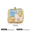 Quadratischer Edelstahl Anhänger mit blauem Emaille Muschel und Perlen Strand Design - Gold Quadrat Blaues Ozean Emaille