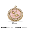 Retro-Edelstahlanhänger mit 21mm rosa Blütenrelief und Perlenrandverzierung - Gold Rund Rosa Blume Perle