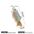 Articulated gold stainless steel fish pendant with light blue enamel details and measurements - 28mm x 9mm / Non-movable Blue