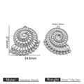 Silver stainless steel seashell pendant showing front and back views with dimensions - Steel Conch Large