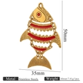 Articulated gold-plated stainless steel fish pendant with red enamel details and dimensions - Movable Red