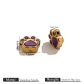 Golden stainless steel animal paw bead with purple enamel inlay for DIY bracelets - Purple