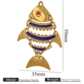 Articulated fish pendant in gold stainless steel with blue enamel and red eyes - Movable Dark Blue