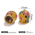 Blue stainless steel bell pendant with yellow and pink enamel flower patterns - Gold Enamel Painted Bell