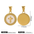 Pendentif croix rond en acier inoxydable doré 18K avec texture coquille, diamètre 15mm - Croix