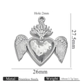 Silver winged heart pendant in stainless steel with flame motif and size dimensions - Steel Pendant 12 (Wings)