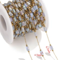 Cadena de acero dorado con cuentas de cristal azul 4.5x6.5mm para creación de joyas - Cadena de Cuentas (Oro-C) / 1 Metro / Azul Fantasía