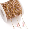 Cadena de cuentas de cristal rosa y acero inoxidable dorado para bisutería artesanal - Cadena de Cuentas (Oro-D) / 1 Metro / Rosa Claro