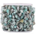 Irregular blue-green natural stone bead chain with silver beads on a spool - Style H Steel Aventurine