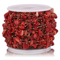 Golden chain with red irregular stone beads wrapped on a white spool for DIY jewelry - Gold - Red