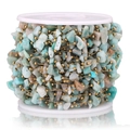 Golden stainless steel chain with blue Amazonite stone beads on a white spool - Gold-Blue White