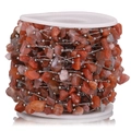 DIY stainless steel chain with reddish-brown natural stones and silver beads on a spool - Steel-Brick Red