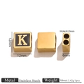 Golden stainless steel square bead with letter K on black background for DIY bracelets - Letter K