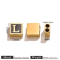 Square stainless steel bead with letter L in 18K gold plating and black enamel - Letter L