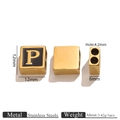 Golden stainless steel square bead with letter P engraving and black enamel inlay - Letter P