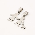 Polished stainless steel family silhouette pendants featuring a little girl and a dog - Little Girl With Dog Style / Steel Color (Two Girls And Dog)
