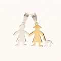 Polished stainless steel family pendant with gold and silver figures and a small dog - Gold (Two Girls And Dog)