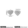 Silver stainless steel heart pendant with rose relief carving and dimension labels - Steel Spiral Heart