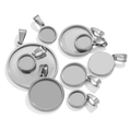 Macro shot of assorted stainless steel pendant trays for DIY jewelry craft making - Round-10mm / Round-Steel