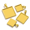 Detailed view of four square gold stainless steel pendant trays for DIY jewelry making - Square 20x20mm / Square-Gold