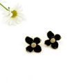 18k gold plated copper earrings with black four-leaf floral petals and golden stamen - Black