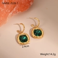 Macro shot of gold-plated earrings with emerald green zircon stones measuring 2.4cm - Emerald Rectangle Style (NMSE-J528-1)