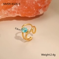 Detail showing 0.8cm blue zircon stone on gold-plated stainless steel hollow ring - Wave Streamline Wrap Oval Stone (NMSR-K526-5)