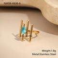 Macro view of blue zircon on 18K gold plated stainless steel hollow geometric ring - Fence Style (NMSR-K638-6)