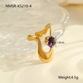 Macro shot of wavy gold-plated ring with purple zircon including size and weight details - Wave Streamline Style (NMSR-K5210-4)