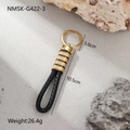 Detail view of woven leather keychain with golden metal finish and 10.5cm length dimensions - Multi-ring Engraved Style (NMSK-G422-3)