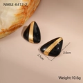 Detail view of triangular black enamel earrings with gold stripes and size dimensions - Black Vertical Line Style (NMSE-K412-2)