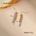 Detail of two-tone gold and silver chain fringe earrings with cubic zirconia studs - Two-Tone Tassel Zircon Earrings (NMSE-J553-1)