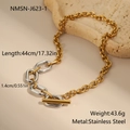 Macro shot of gold and silver tone mixed chunky chain necklace with OT toggle clasp - OT Clasp Geometric Two-Tone Necklace (NMSN-J623-1)