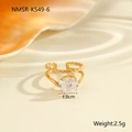 Detail view of 18K gold plated stainless steel ring featuring zircon and braided band texture - Round Stone Double Layer Twisted Smooth Style (NMSR-K549-6)