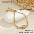 Detail view of adjustable gold beaded stainless steel bracelet with rectangular zircon - 18K Gold / Rectangle (NMSB-L124-5)