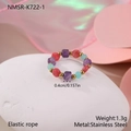Detail shot of elastic beaded ring with colorful stones and gold stainless steel beads - Three-color Natural Stone Bead Style (NMSR-K722-1)