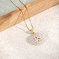 Elegant gold box chain necklace with a dome pendant featuring micro-pave white pearls - Golden Round
