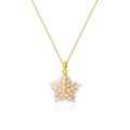 Detailed macro shot of a gold star pendant featuring elegant white pearls on a fine chain - Golden Star