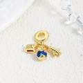 Macro detail of travel charms set with globe, camera and plane in gold finish - Camera Globe Airplane Dark Blue (ZYN-DMK900G-2)