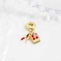 Macro detail of gold makeup charms featuring lipstick, brush, and eye shadow for bracelets - Red Lipstick Eyeshadow Brush Style (ZYN-DMK898G-3)