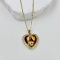 Detailed view of gold heart pendant necklace featuring Virgin Mary and white zircons - Sacred Heart of Jesus Style (DMK1151G-2A)