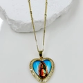 Detail of heart pendant necklace with Virgin Mary image and white zircon inlay - Our Lady of Guadalupe Style (DMK1151G-6A)