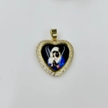 Macro detail of heart-shaped Virgin Mary pendant with gold finish and white zircon stones - Black Background Virgin Mary Style (DMK1151G-7)