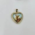 Detail of heart pendant with religious icon inlay and crystal-encrusted gold border - Archangel Michael Style (DMK1151G-8)