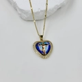 Close-up of golden heart pendant with religious icon and sparkling zircon border - Crucifix Jesus Style (DMK1151G-10A)