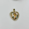 Detail of a heart-shaped gold necklace pendant featuring Mary and white zircon stones - Mary Portrait Style (DMK1151G-11)