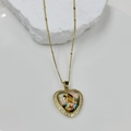 Detailed view of heart-shaped gold necklace pendant with Mary icon and zircon stones - Mary Portrait Style (DMK1151G-11A)