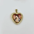 Detailed view of heart-shaped gold pendant with Virgin Mary icon and zircon border - Our Lady of Guadalupe Style 2 (DMK1151G-12)