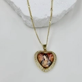 Detailed close-up of a gold heart pendant with Virgin Mary icon and zircon inlay - Our Lady of Guadalupe Style 2 (DMK1151G-12A)