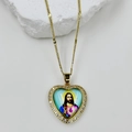 Macro detail of a heart-shaped Virgin Mary pendant with sparkling zircons on a white stone - Jesus Portrait Style (DMK1151G-13A)